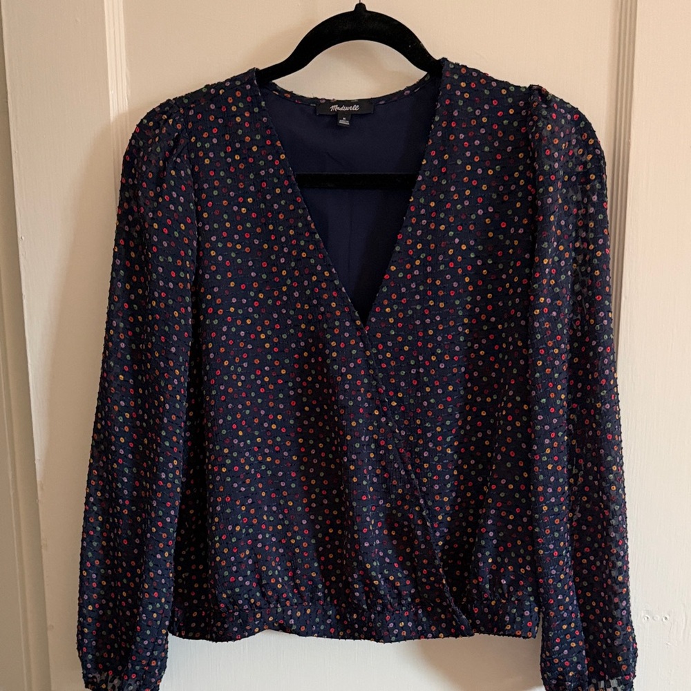 Madewell Navy Multicolor Dot Wrap Blouse